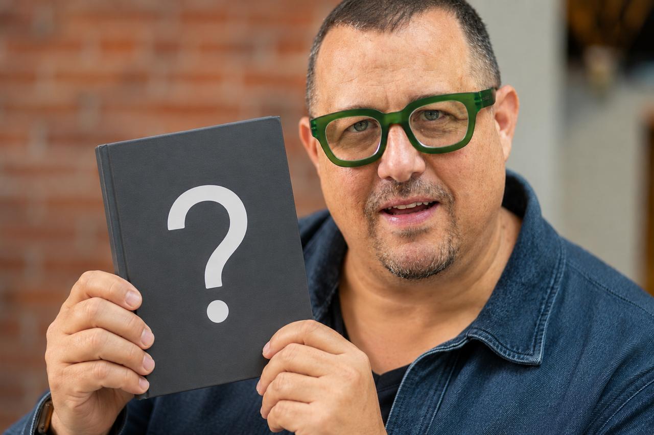 Simon Lamb holding a book with a question mark cover